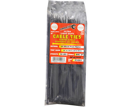 Tool City Black Ultra Light-Duty 8" Cable Ties - Pack of 100
