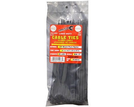 Tool City Black Light Duty 8.1" Cable Ties - Pack of 100