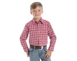 Wrangler® Boy's Long Sleeve Plaid Western Shirt - Red