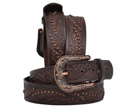 Angel Ranch® Women's Feather Tooled and Studded Brown Leather Belt